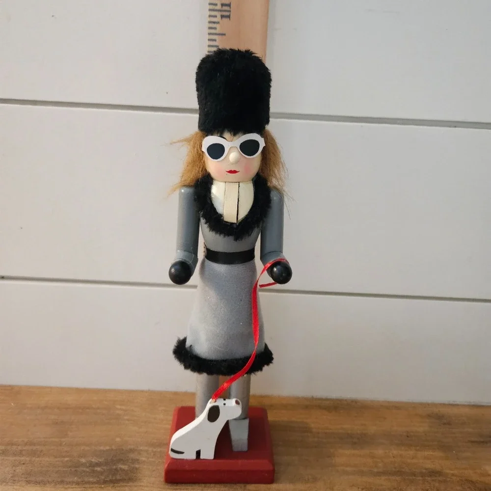 Unique Fashion Nutcracker Woman w Dog Sunglasses Faux Fur Modern Christmas Decor